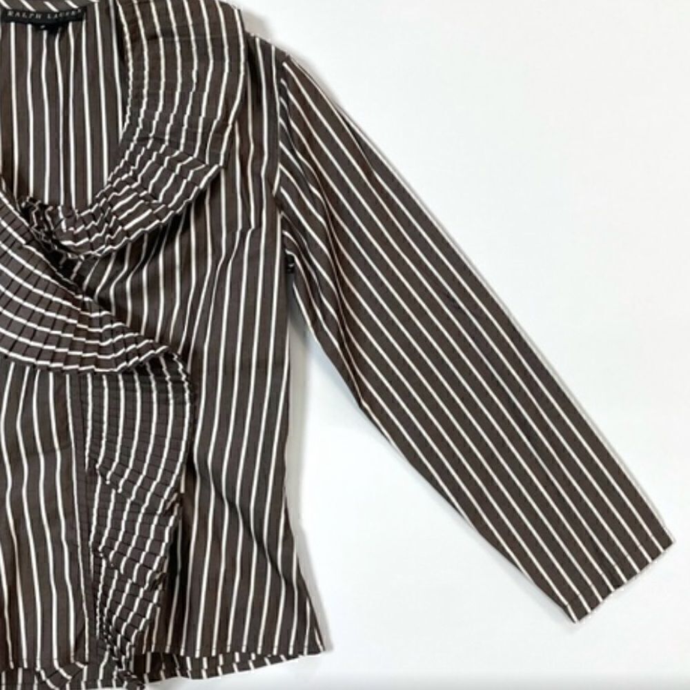 Ralph Lauren Polished Cotton Poplin Brown & White Accordion Pleat Ruffle Blouse - Picture 9 of 10